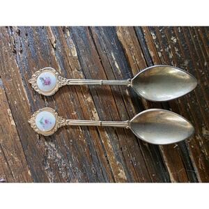 Vintage Floral Porcelain Inset Demitasse Spoons Silver Tone Tea Espresso Set 2